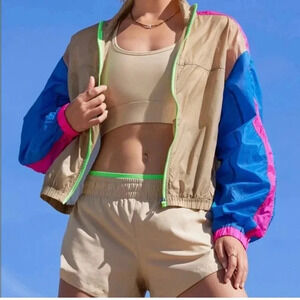 Fabletics Payton Woven Jacket Multi Color Block Neon Nylon Lightweight Size XS